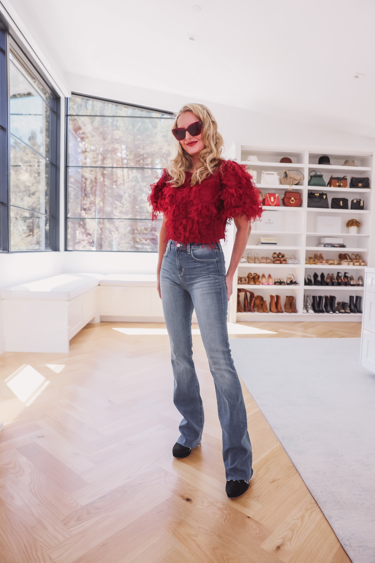 endless rose burgundy textured crop top with jeans