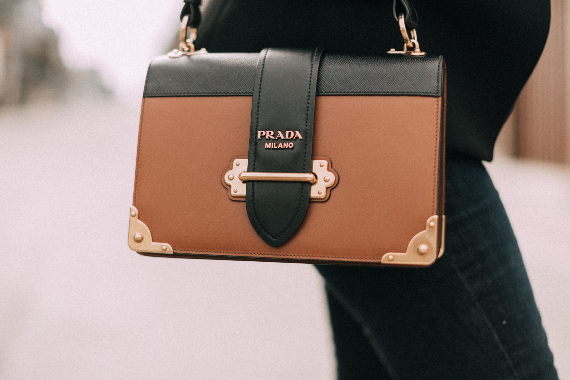 prada cahier leather crossbody handag black and brown gold hardware